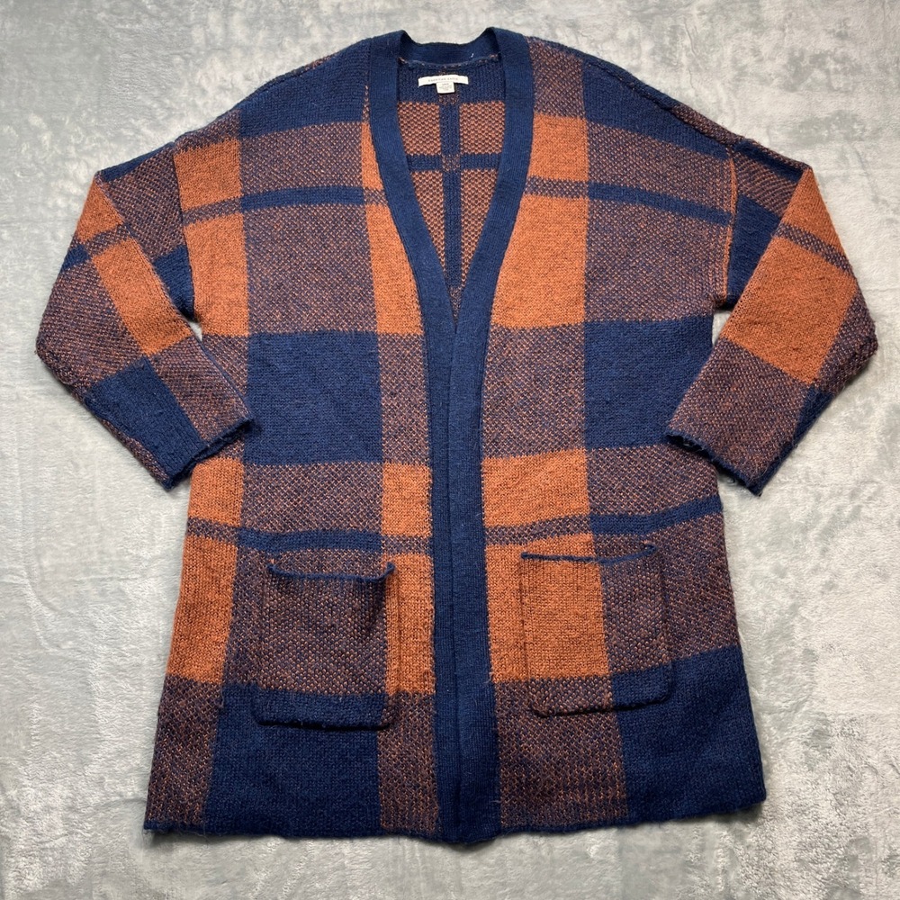 American Eagle Cardigan Women Blue Orange Plaid Wool Blend Open Front Pockets S